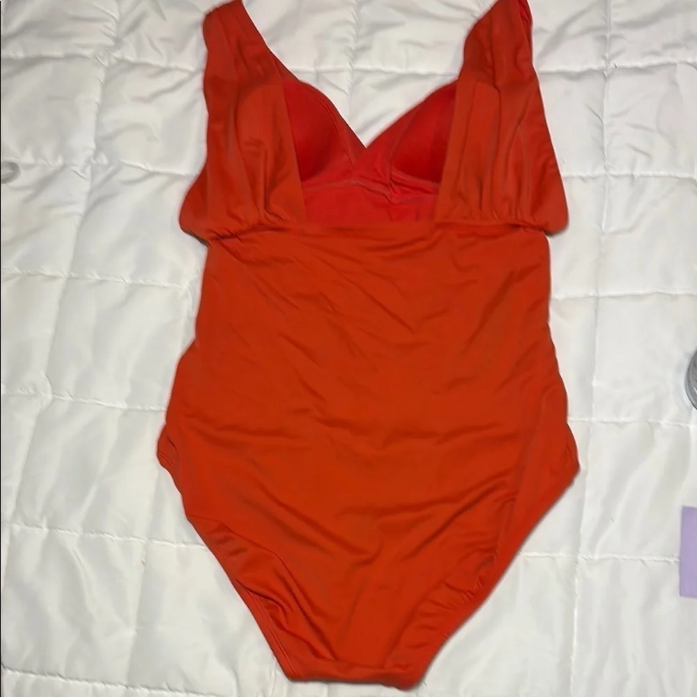 Plunge V-Neck One-Piece Full Coverage Swimsuit in Red/Orange